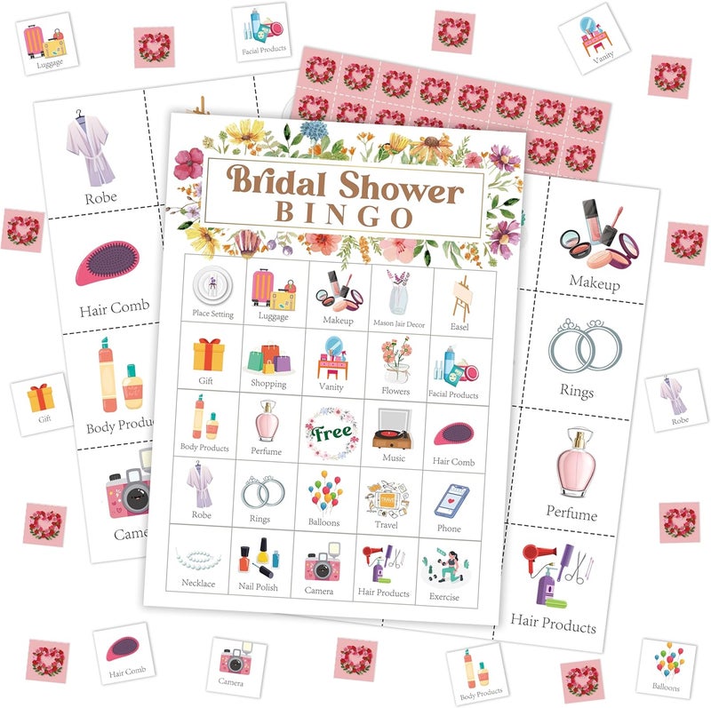 Mueddur Bridal Shower Bingo Card, Wedding Shower Bingo Game for Adults Large Group Family Friends, Wildflowers Themed Bachelorette Party Favors Supplies, Holiday Games for 24 Players -01 - Image 1